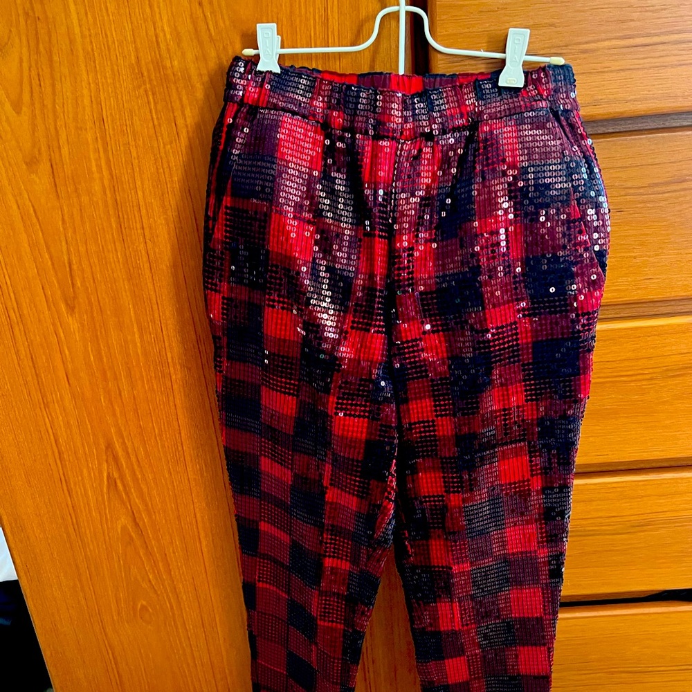 J Crew red and black sequin pants